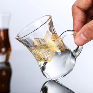 Delicate decal logo turkish tea glass with handle, elegant heat-esistant rglass tea cups