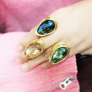 HANSIDON Luxury Big Crystal Rings For Women Wedding Jewelry Handmade Metal Wire Statement Finger Rings Party Accessories