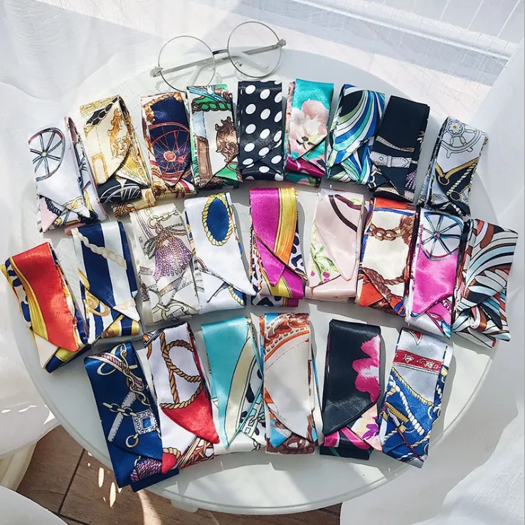 Lenço de cetim estampado personalizado de fábrica, 60 cores, estreito, cachecol, acessórios para cabelo, atacado, bolsa, sarja, lenço