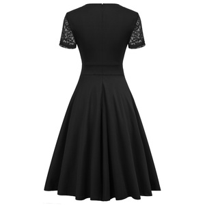 DEBP0023 femme Manches Courtes Surplis Col En V Dentelle Patchwork Évasé <span class=keywords><strong>Robe</strong></span> Trapèze - Product Image 2