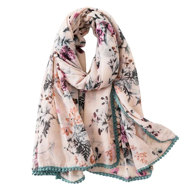 الجملة حار بيع الحجاب الاوشحة 2018 أزياء الأزهار طباعة لينة طويلة الصيف الأوشحة القطن مع الدانتيل