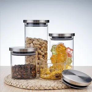 Juego de 4 recipientes de cristal para almacenamiento de alimentos con tapas herméticas de acero inoxidable, botes de cocina, bote hermético para despensa