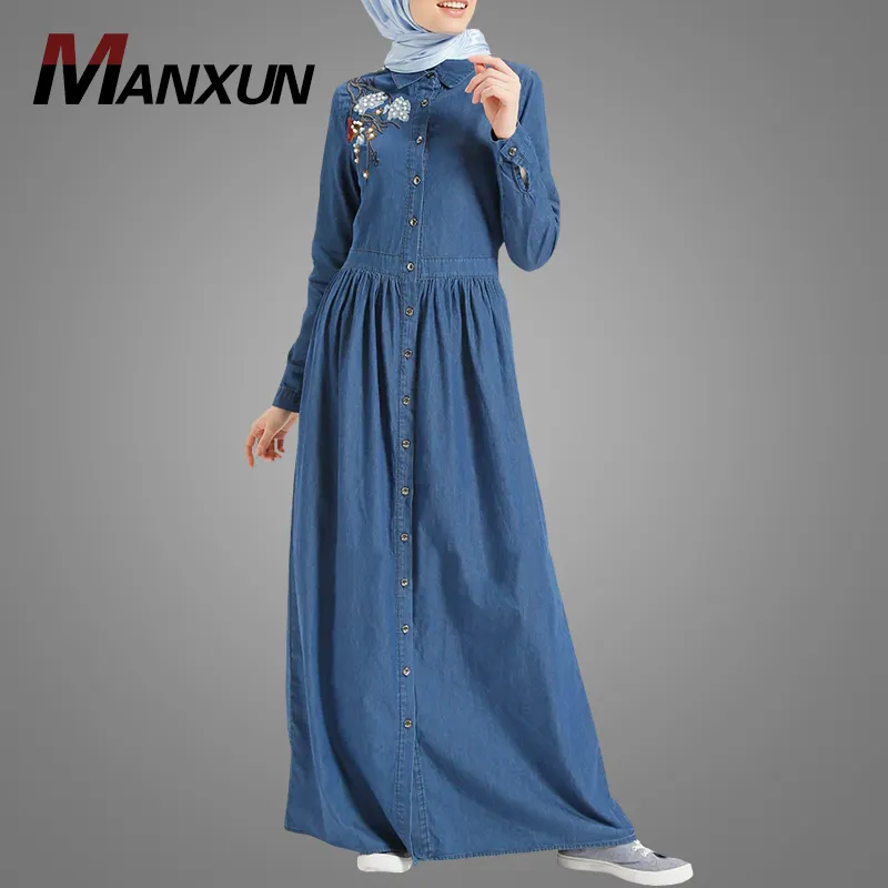 New Design Women Muslim Maxi Dress Beautiful Hand Embroidery Denim Islamic Clothing Fashion Front Buttons Dubai Abaya Arab Burqa