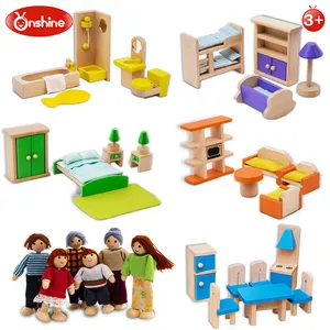 孩子们假装玩家庭娃娃房间木制家具玩具套装木制娃娃房子家具玩具