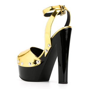Sandales de <span class=keywords><strong>luxe</strong></span> à talons bloc doré pour femmes, chaussures à bouts ouverts, sexy, personnalisées, usine, nouvelle collection été - Product Image 4