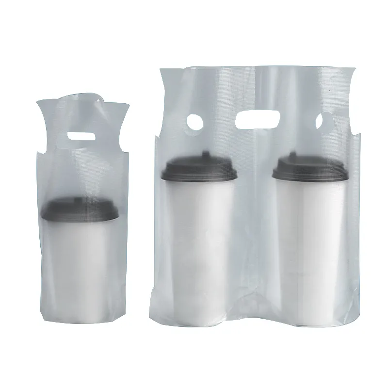 Clear bottom gusset plastic packing bags for beverage carrier drinking cup carry out