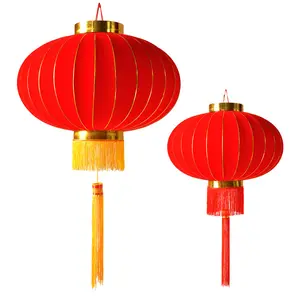 Traditional Chinese Red Silk Lanterns New Years Hanging Flocking Cloth Lantern Spring Festival Decoration