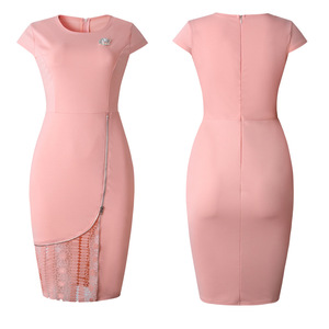 YSMARKET Bleu Marine Robe moulante Rose Élégant Bureau Dame OL O Cou Manches Courtes Zip Dentelle Patchwork Mince D'été Robe Midi - Product Image 4