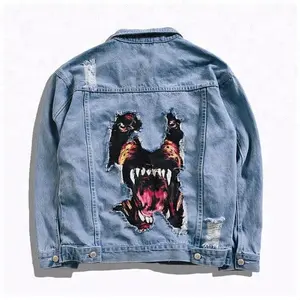 Прямая поставка с фабрики D & S, винтажная джинсовая куртка с вышивкой в виде голубой собаки, Мужская джинсовая куртка с эффектом потертости