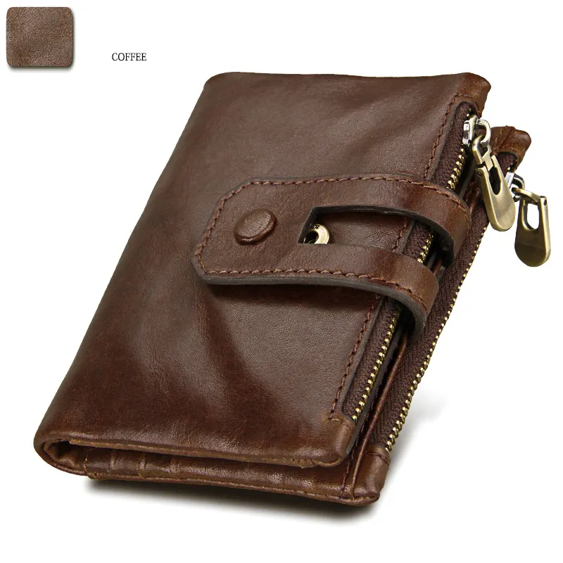 Useful Men Purse Genuine Leather Short Anti-theft Double Zip Wallet