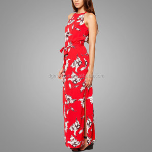 Verano de <span class=keywords><strong>las</strong></span> señoras rojo largo gasa de la impresión floral vestido sin mangas - Product Image 3
