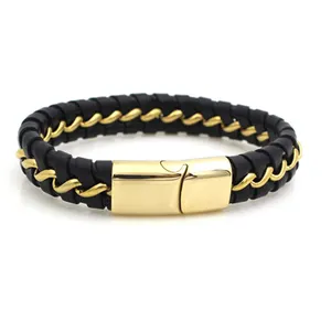 Yudan Jewelry Gold Titanium Chain Braided Leather Bracelet