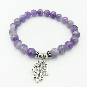 SN1540 쌓을 수있는 8mm 쉐브론 자수정 구슬 부처 함사 손 매력 요가 스택 생명의 나무 팔찌 세트 - Product Image 5