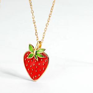 Handmade di scintillio frutta dello smalto dei monili 925 Sterling silver oro fragola collana - Product Image 4
