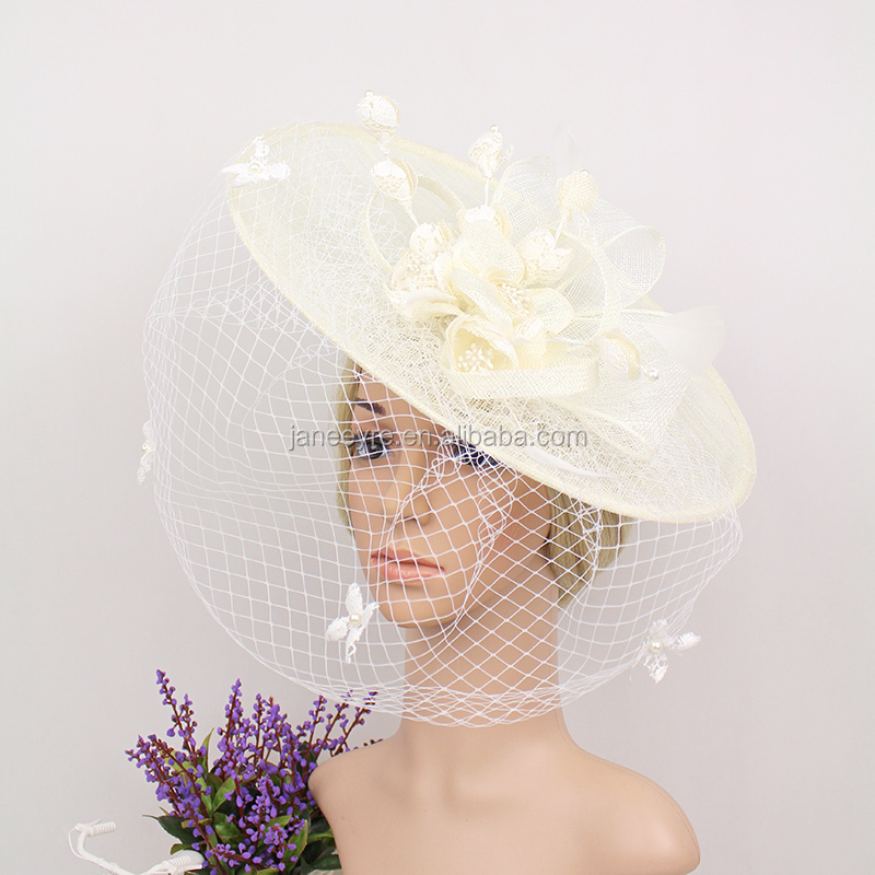 Новый дизайн, Женские аксессуары для волос, кружевной цветок с вуалью для вечеринки/церковная шляпа Sinamay