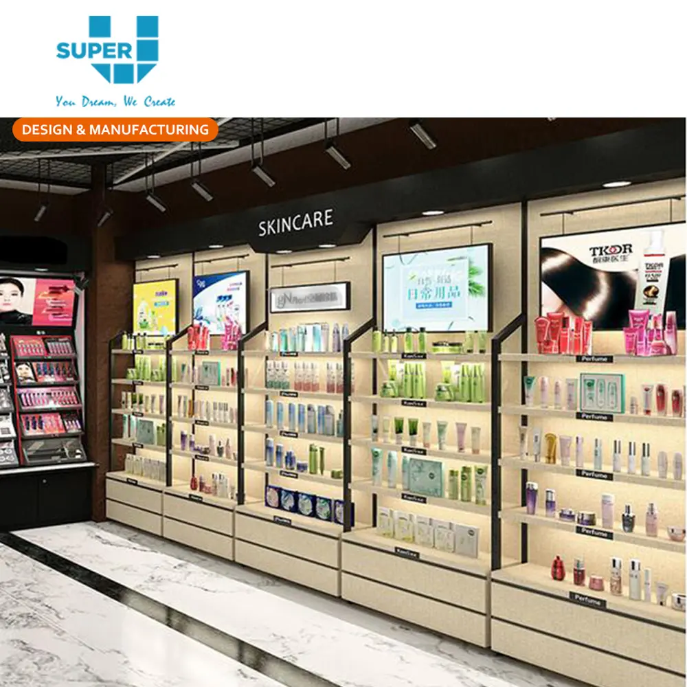 Rak Display Kosmetik, Lemari Display Produk Kecantikan Desain Dinding