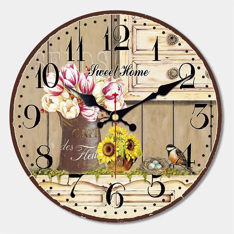 Vintage Wooden Clock Flower Style Wall Clock