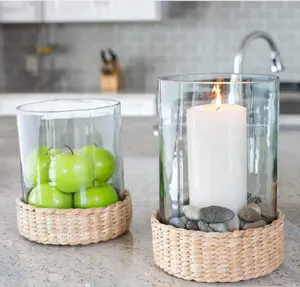 New Design Decorative glass hurricane lamp with woven wicker base