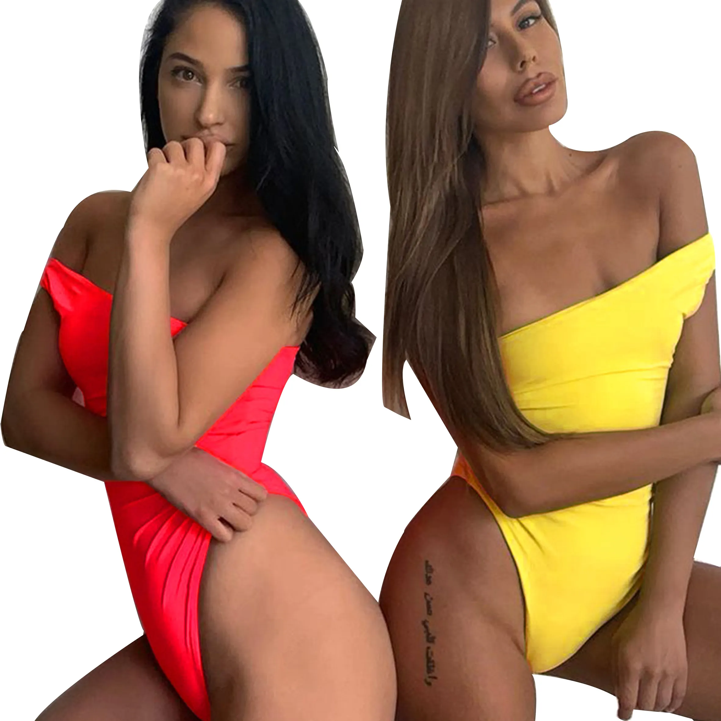 2019 Yellow Bikini Custom Logo One-shoulder Swimwear One Piece