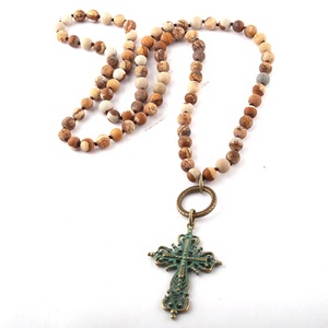 Collana di gioielli tribali della boemia delle donne collana di pietra naturale opaca di modo collana con pendente a croce a cerchio - Product Image 2