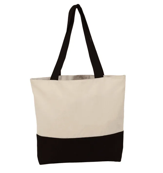 Promocional preto e branco algodão lona praia sacola com transferência de calor impressão manuseado estilo Shopper