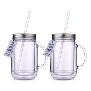 20oz Double Wall Insulated Mason Jar Tumbler Mug Mason Jar Plastic Cups with Lids and Straw