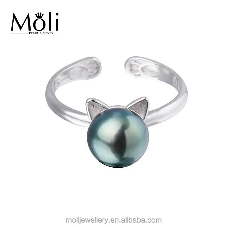 Popular Cute Cat Ear Dyed Peacock Pearl Ring 925 Sterling Silver Adjustable Size Open Ring