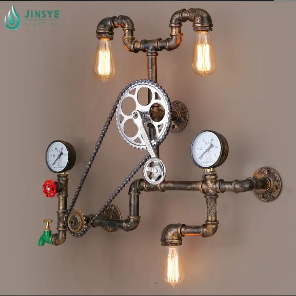US/american antique 3 lights rustic metal gear wheel wall lamp decorative water pipe wall sconce vintage wall light with clock