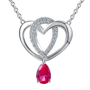 Fashion Jewelry Double Love Heart Shape Cubic Zirconia Pendant Chain silver necklace 925 sterling