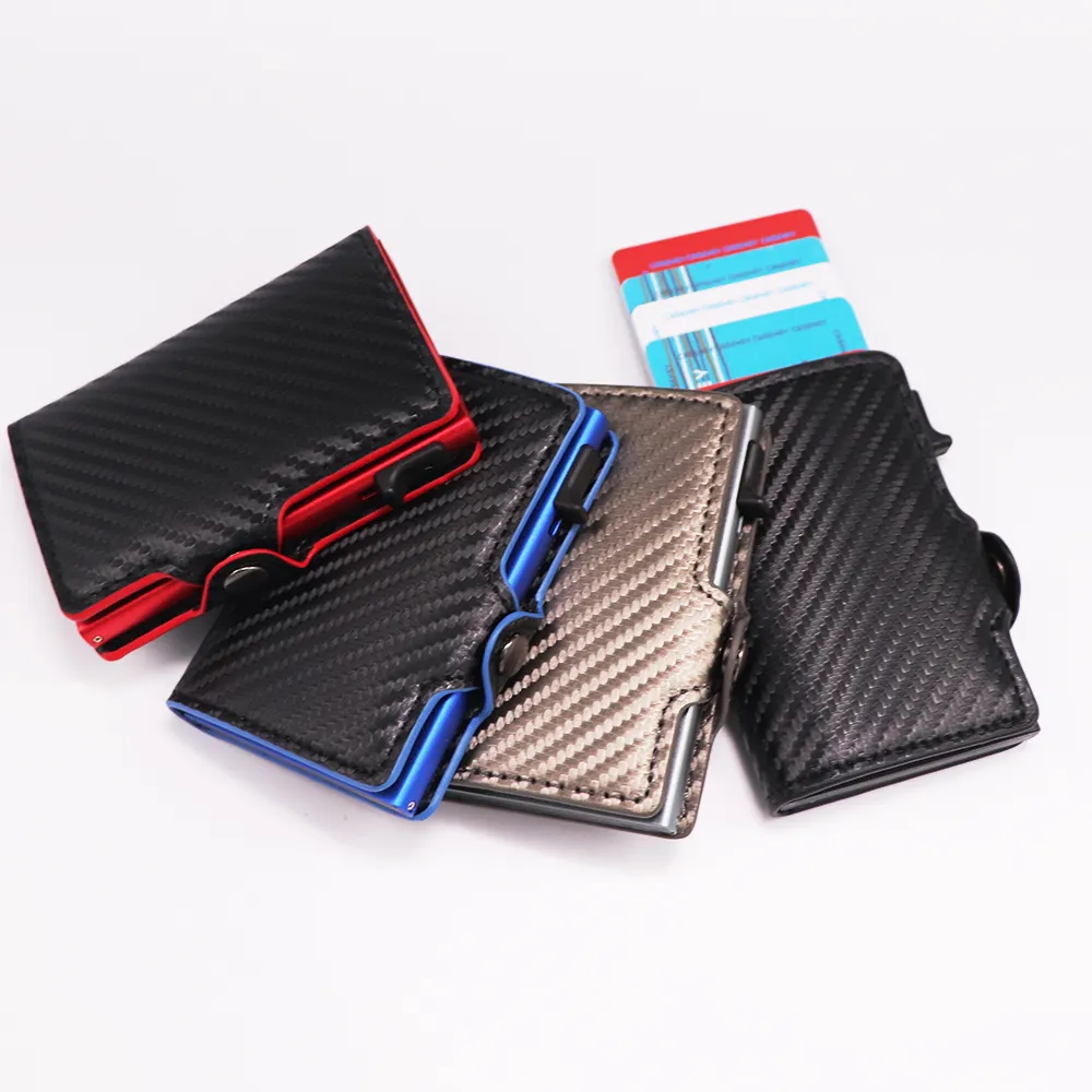 Casekey Slim Minimalist Carbon Fiber Pop Up Smart Wallet Fashion Men's RFID Blocking PU Leather Wallet Card Holder