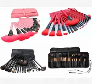 Red Pink Black Wood Color Professional 24 Piece Makeup Brushes Kit Cosmetic Set