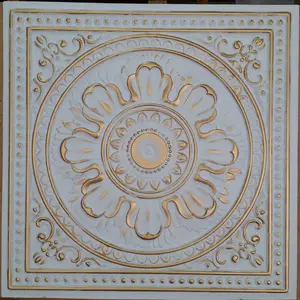 PL17 Faux tin finishes 3D emboss metallic white gold ceiling tile