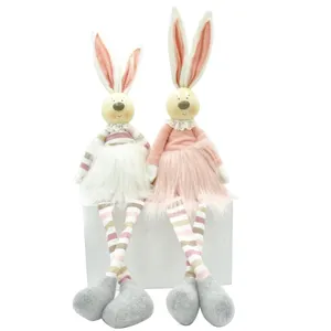 Décoration de pâques lapin rose pour cadeaux, 1 pièce, étagère en peluche, tissu à rayures, décor de maison, Couple lapin avec tête de résine