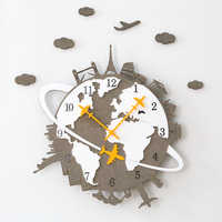 Horloge murale en bois avec aiguilles en acrylique, design 3D de voyage mondial, silencieuse, sans tic-tac, nouvelle conception 2018