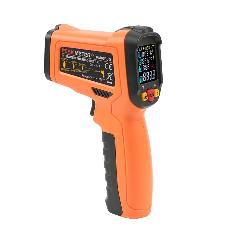 Color Display Digital Non contact Gun Type Infrared Thermometer to 500C with Dew Point/Humidity/K Type Thermocouple PM6530D