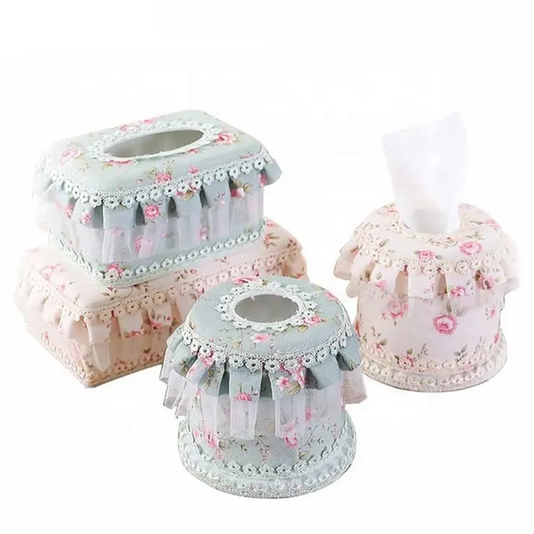 Wholesale Elegant Design Luxury Embroidered Fabric Lace Facial Paper PP Plastic Tissue Box Cover