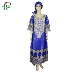 H & D Robe et Jupes Traditionnelles Africaines en <span class=keywords><strong>Bazin</strong></span> Riche Imprimé avec Dentelle et Foulard Assorti pour Soirée Femme - Product Image 1