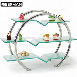 Hotel cafetaria apparatuur moderne 3 tier vrijstaande glas serveerschaal buffet dessert voedsel display rack/buffet stand