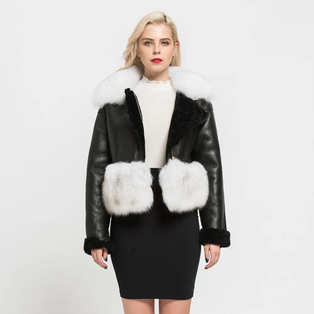 Women's Real Fox Fur Collar Jacket Winter Warm Overcoat Genuine Sheepskin Leather Coat
