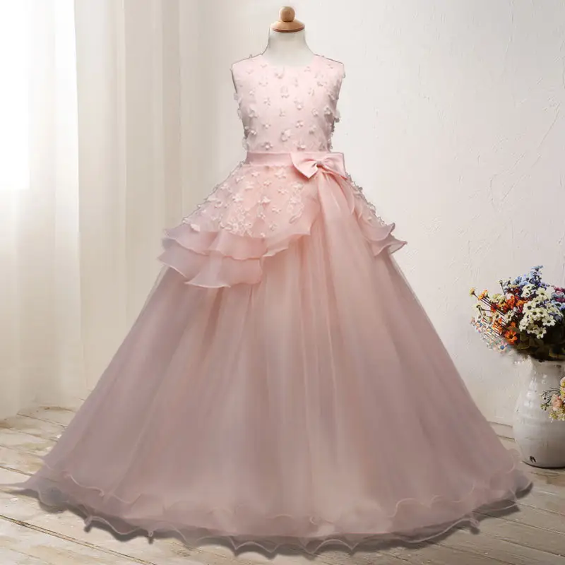 Gaun Princess Panjang Anak Perempuan Desain Baju Panjang Gaun Maxi Gaun Pesta Anak Rok Bunga Putih Gaun Pengantin Wanita