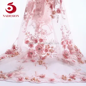 Tela de encaje de diamantes de imitación de Perla Rosa/telas de encaje bordadas estiradas de tul francés con estilo