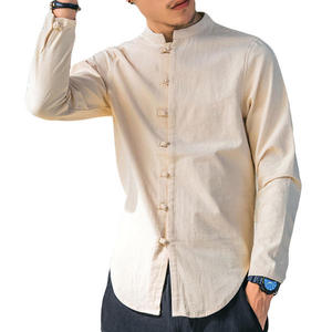 เสื้อเชิ้ตผ้าลินินแขนยาวทรงวินเทจแบบจีนโบราณ คอปกตั้ง ชายเสื้อโค้ง ติดกระดุมแบบจีนโบราณ สไตล์ลำลองสำหรับผู้ชาย - Product Image 4