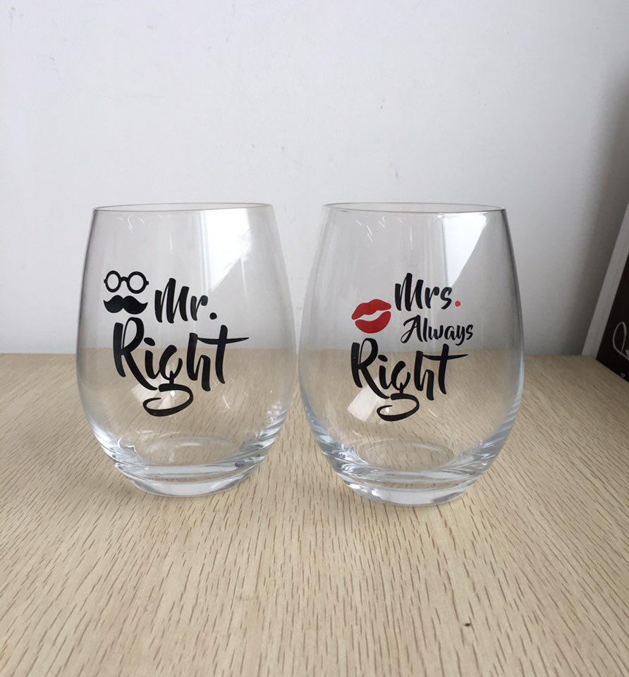 Creative Mr And Mrs Couples Glass Stemless Wine Glass set For Valentine's Day Gift