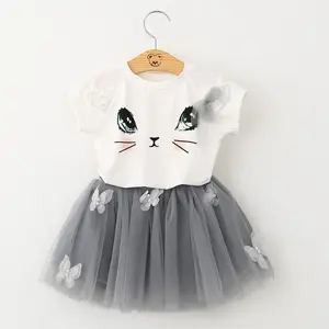 100-140cm Girls Clothing Sets Summer Fashion Kids Cartoon Kitten Printed T-Shirts+Net Veil Skirts Set Cute Casual EAZ172