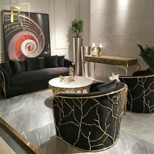 最新设计的意大利设计经典家具高档布艺金丝绒带铜框现代沙发的客厅