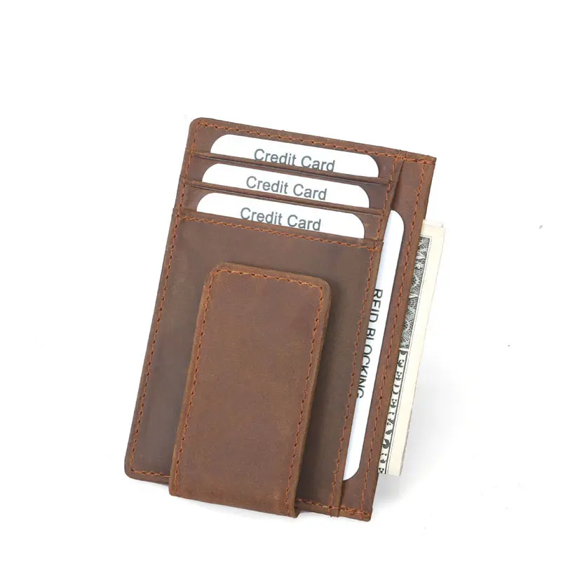 Vintage Genuine Leather Men Crazy Horse Credit Cards Holder Slim Wallet RFID Blocking Magnetic Money Clip