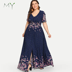 <span class=keywords><strong>Robe</strong></span> Maxi style bohème pour femmes, grande <span class=keywords><strong>taille</strong></span>, col en v, <span class=keywords><strong>taille</strong></span> haute, imprimé Floral bleu marine, collection - Product Image 1
