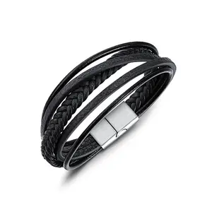 2018 New Products Black Leather Bracelet 와 316L Stainless Steel 버클 보석 대 한 Men