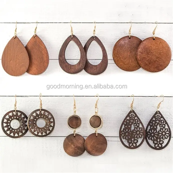 Harga grosir anting-anting Hoop kayu antik yang dipersonalisasi untuk wanita