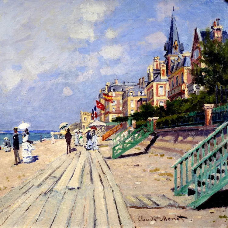 Claude Monet seascape canvas painting scenery poster The Beach at Trouville 1870 La Pointe de la Heve Sainte-Adresse